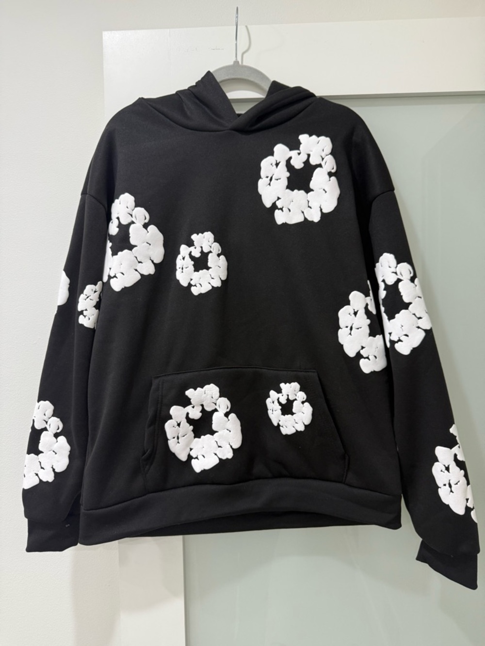 Black Crewneck Hoodie Sweater with White Floral Ring Prints